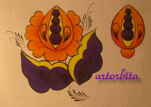 Рисунок. Сложный цветок - полхов-майданская роспись